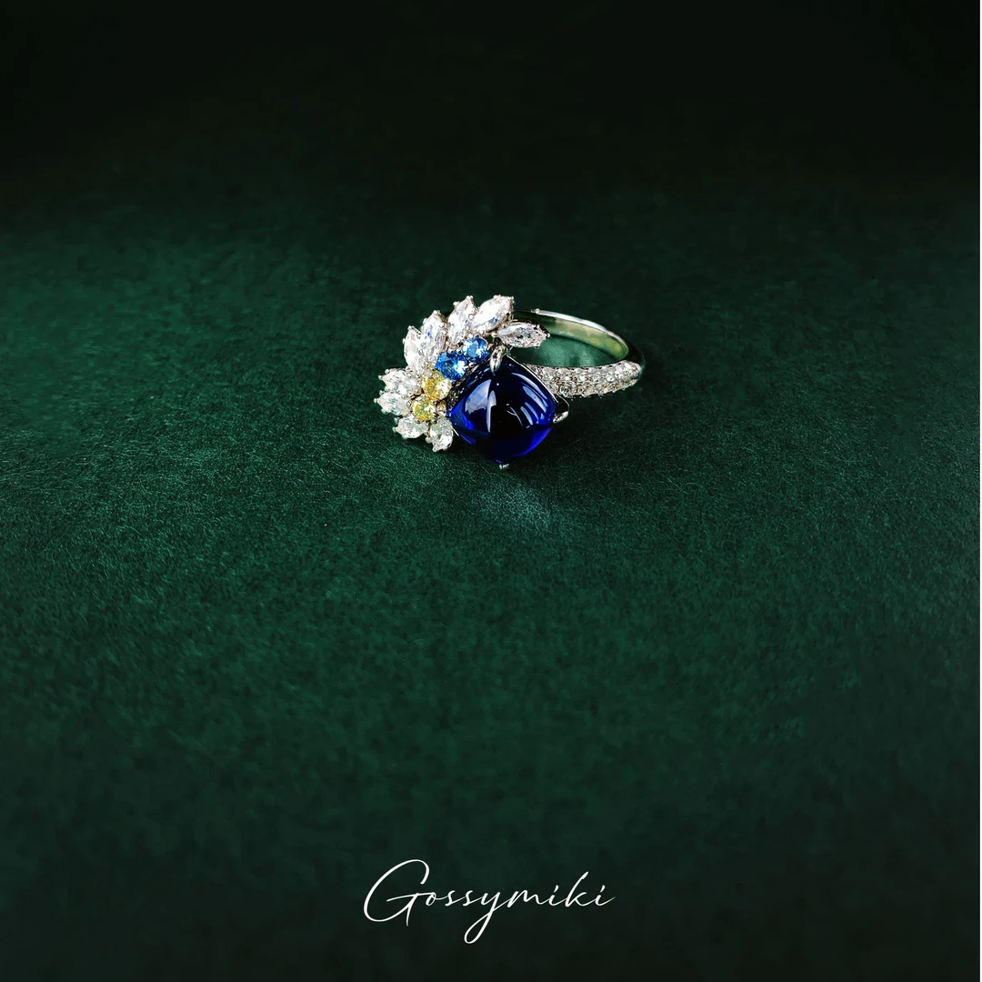 925银合成锆石戒指 蓝宝糖塔方钻小雏菊戒指