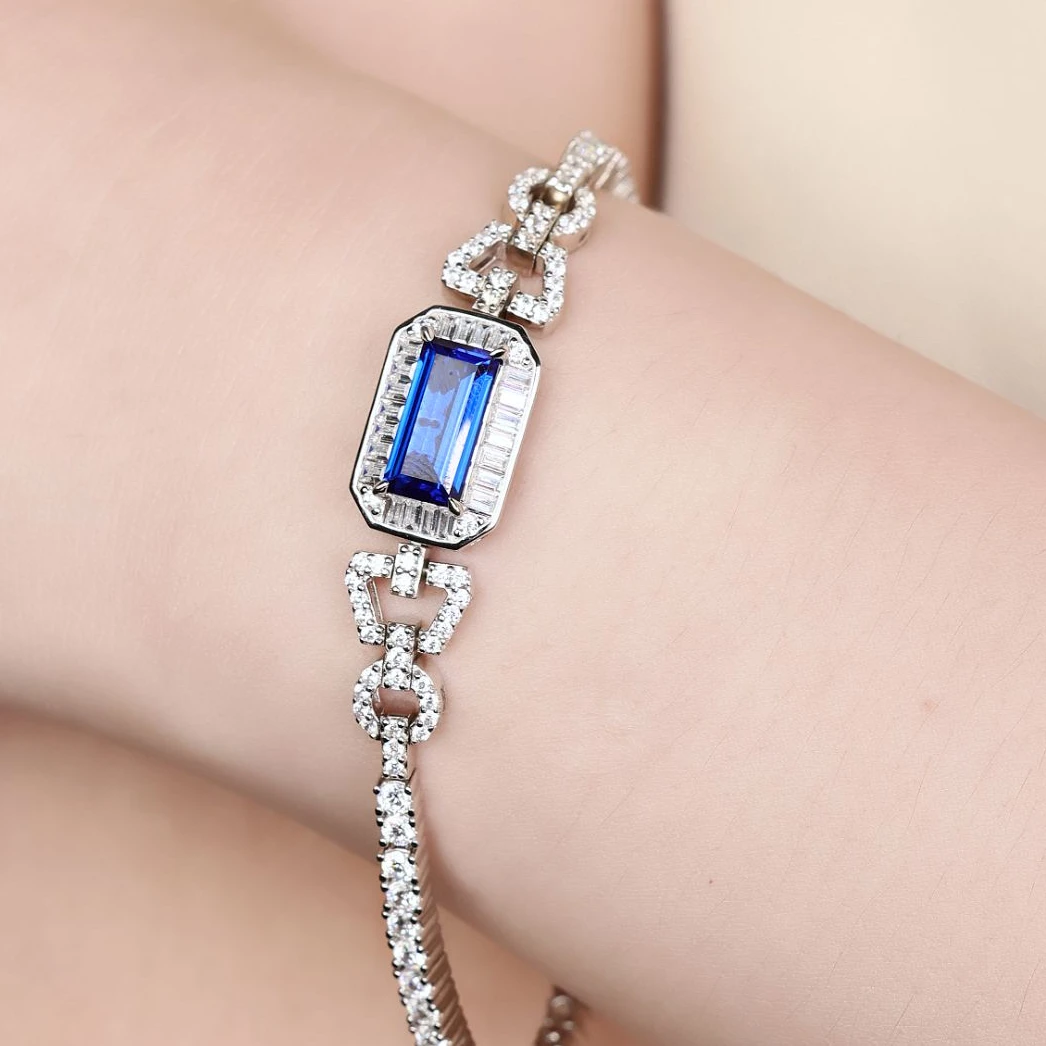 925银合成锆石手链 蓝宝满钻日常豪镶手链