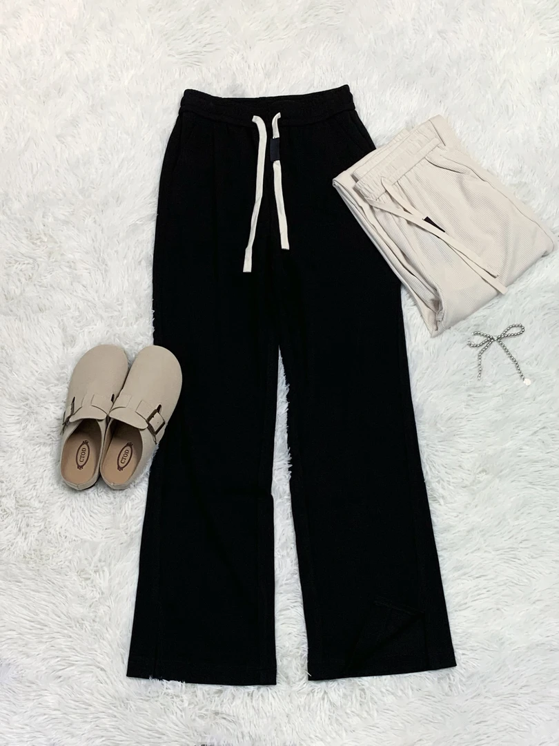 清-玲姐家休闲纯色舒适直筒微开叉阔腿裤203023