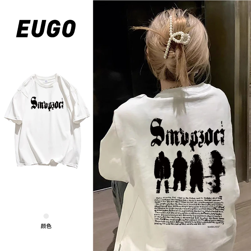 EUGO纯棉短袖T恤女美式休闲半袖印花设计感学生白色圆领夏季上衣