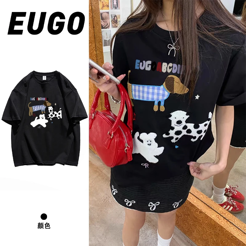 EUGO黑色纯棉短袖T恤女夏季小众狗狗印花半袖港风潮流ins时尚情侣