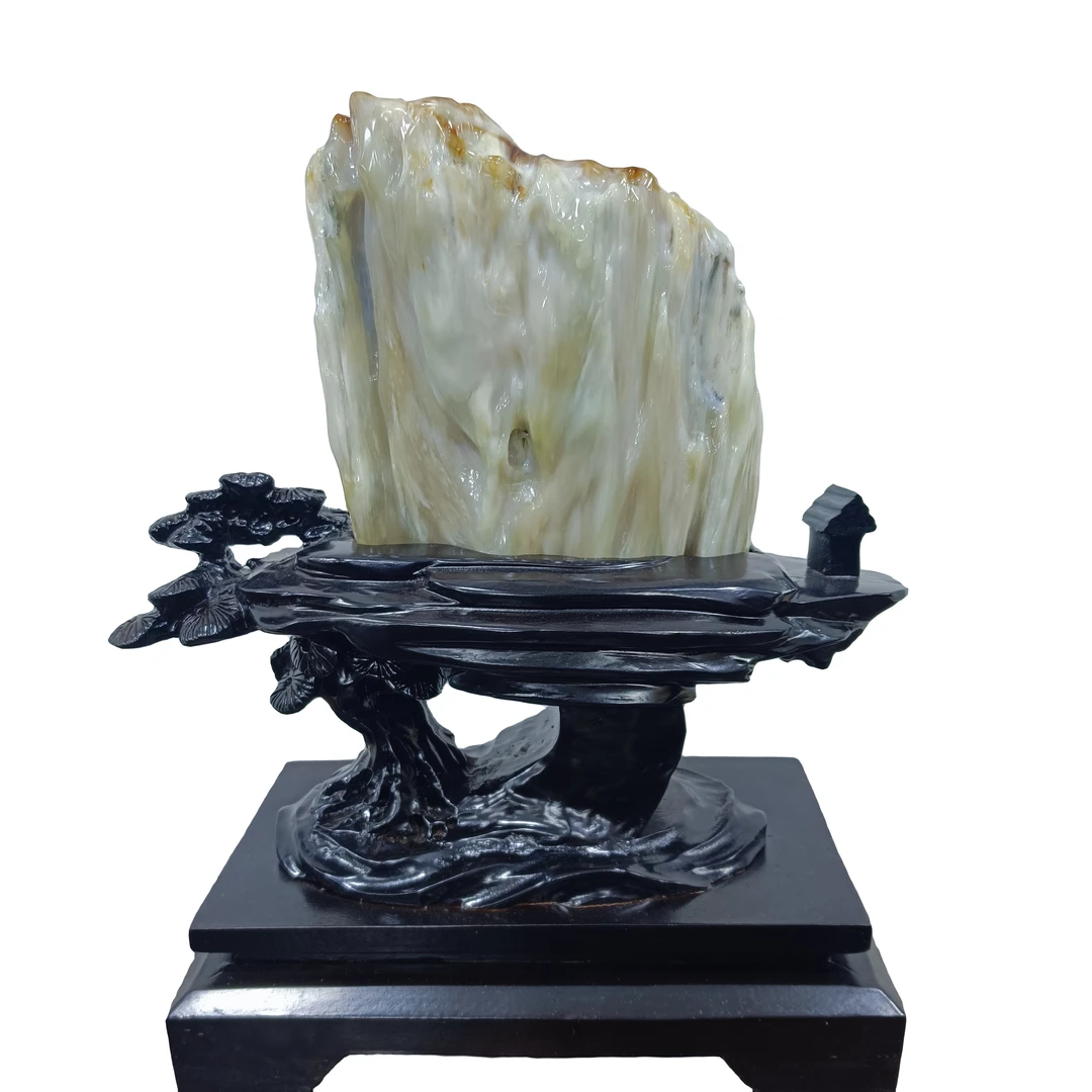 缅甸纯天然树化玉摆件带清水绿