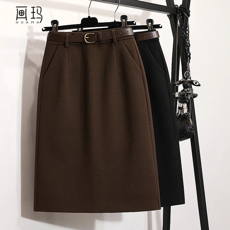 【画玛】毛呢裙半身裙秋冬中长款高腰A字裙显瘦一步裙后开叉包臀裙