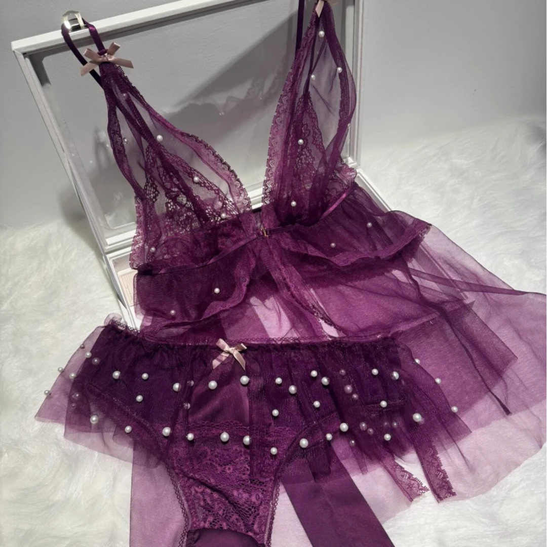 芙蓉裳【早古紫】2024新款珍珠复古钉珠网纱睡衣睡裙中古老钱紫色