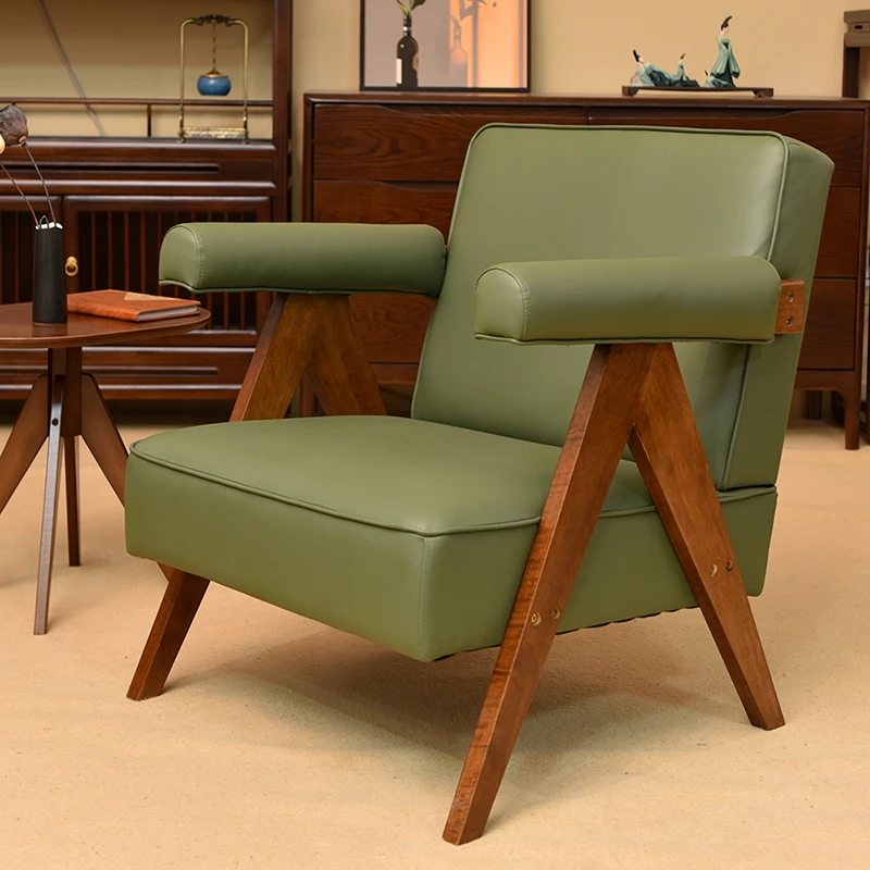 沙发椅实木休闲椅中古侘寂风昌迪加尔沙发椅单人椅阳台休闲椅