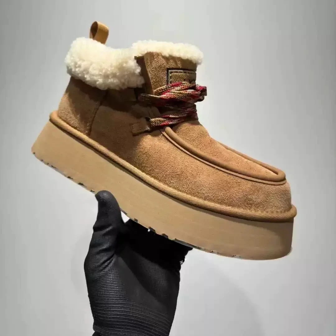 【小羊皮毛一体】2025年新款雪地靴女系带厚底休闲保暖短靴