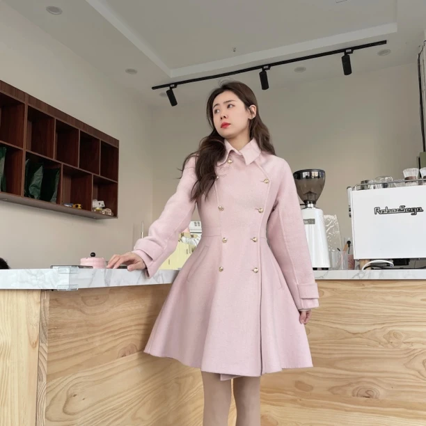 （小蛮腰）羊毛大衣中长款拼色甜美可爱羊毛外套气质网红时尚