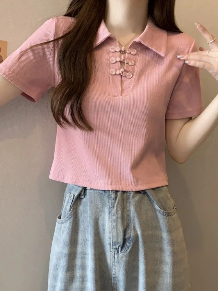 新中式上衣小清新粉色polo衫女短袖正肩t恤女短款v领修身显瘦夏季