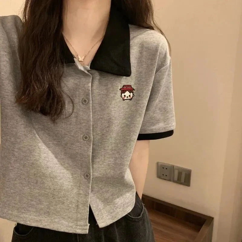 复古短袖正肩t恤女2025新款polo翻领设计感小众短款上衣女夏季ins