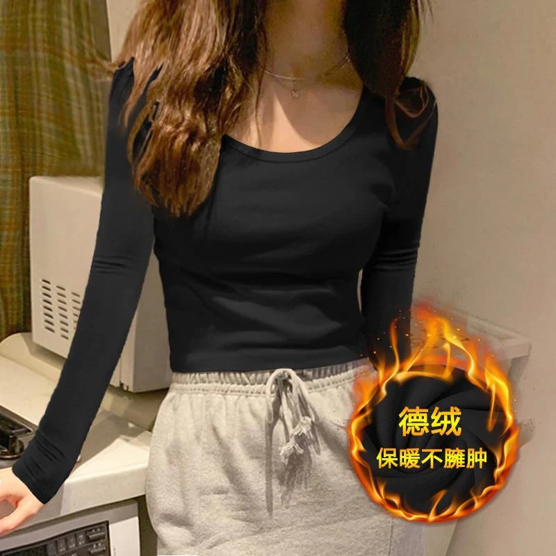 黑色短款长袖打底衫女秋冬内搭新款修身紧身加绒加厚高腰露脐上衣