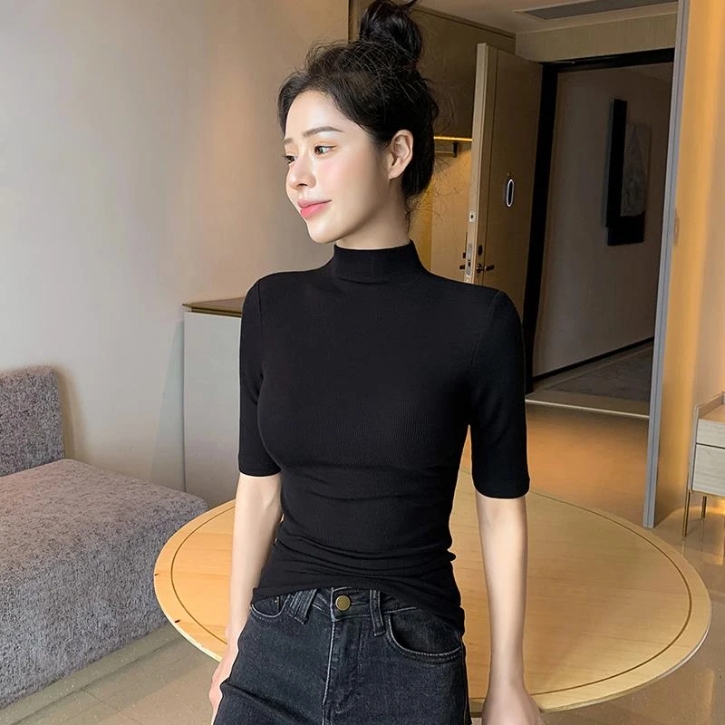 黑色半高领针织打底衫中袖女上衣七分袖2024新款内搭t恤紧身半袖
