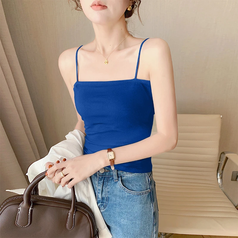 克莱因蓝短款小吊带背心女夏新款内搭外穿带胸垫性感美背打底上衣