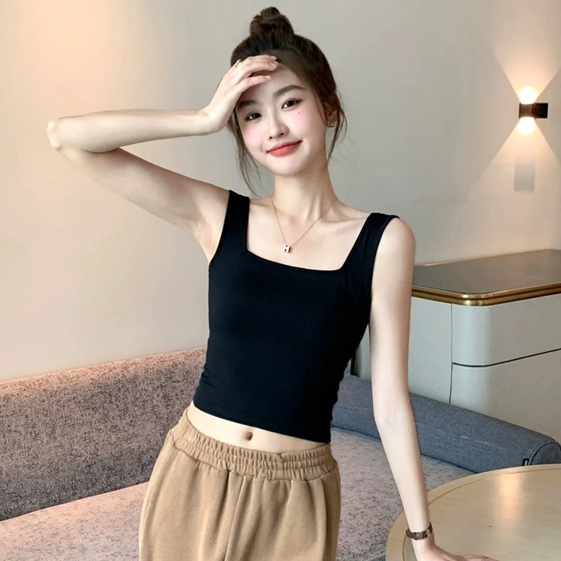 莫代尔黑色方领吊带背心女内搭外穿短款美背遮副乳打底无袖上衣