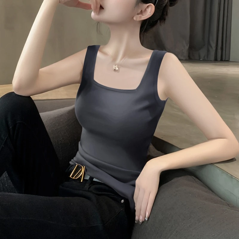 烟灰色方领吊带背心女内搭高档洋气2024年打底无袖上衣紧身外穿
