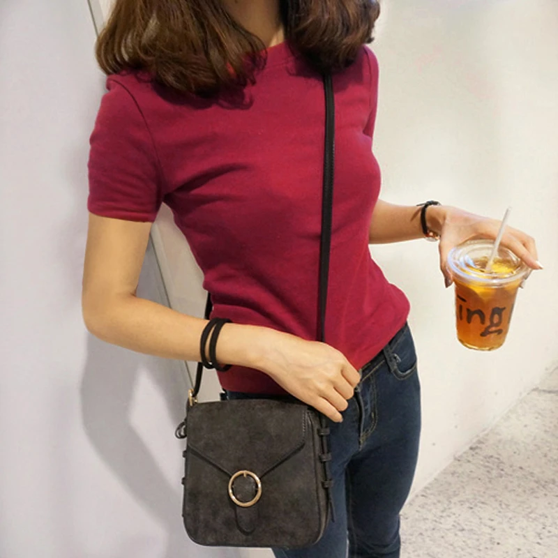 2024年新款酒红色短袖T恤女夏棉纯色网红修身紧身半袖上衣ins潮