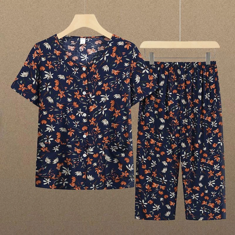 中年妈妈装开衫夏季两件套夏天老奶奶带口袋套装老人短袖花衣服女