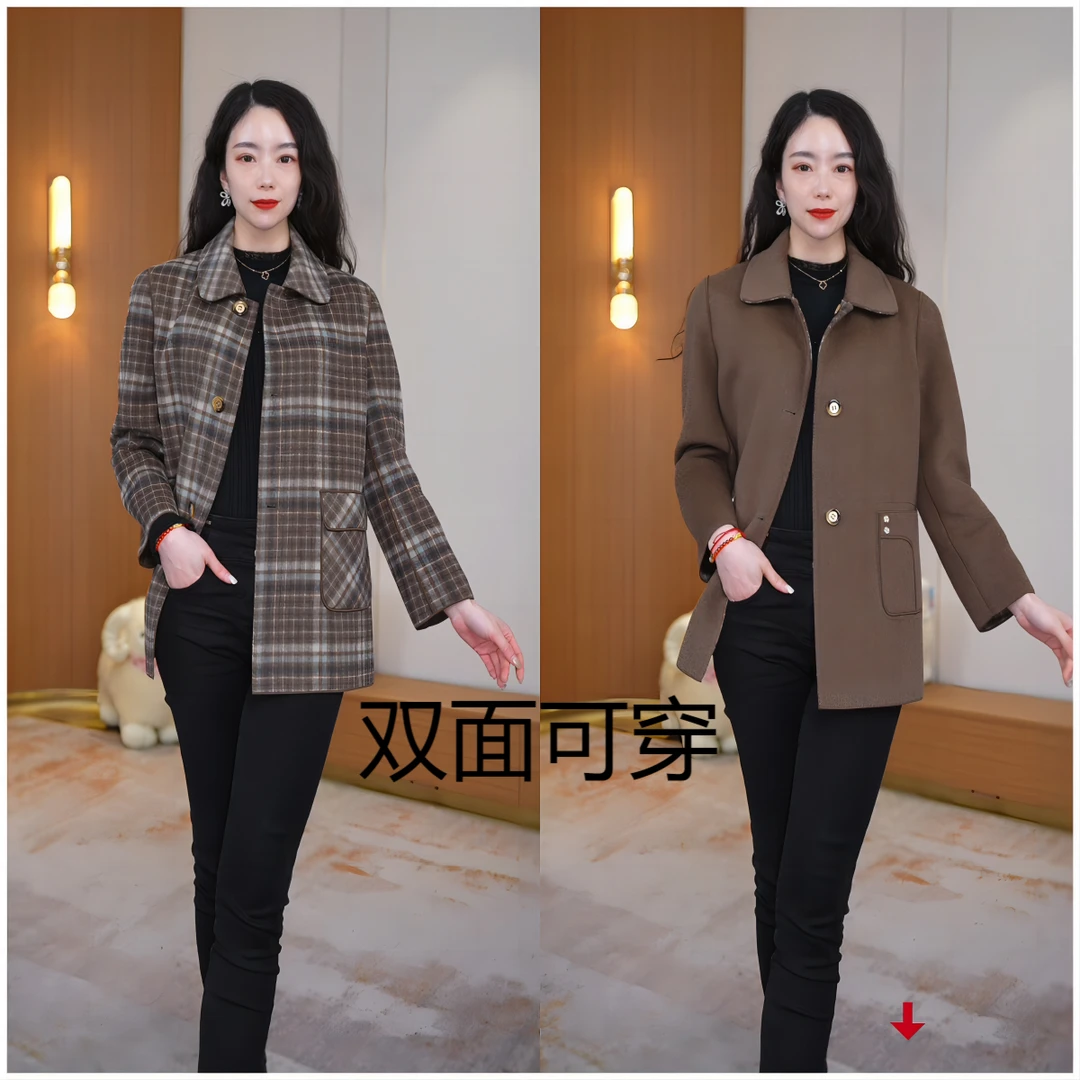 璐娅娜06【直播专享】短款棕咖绿色双面穿羊毛大码大衣春时尚中老年