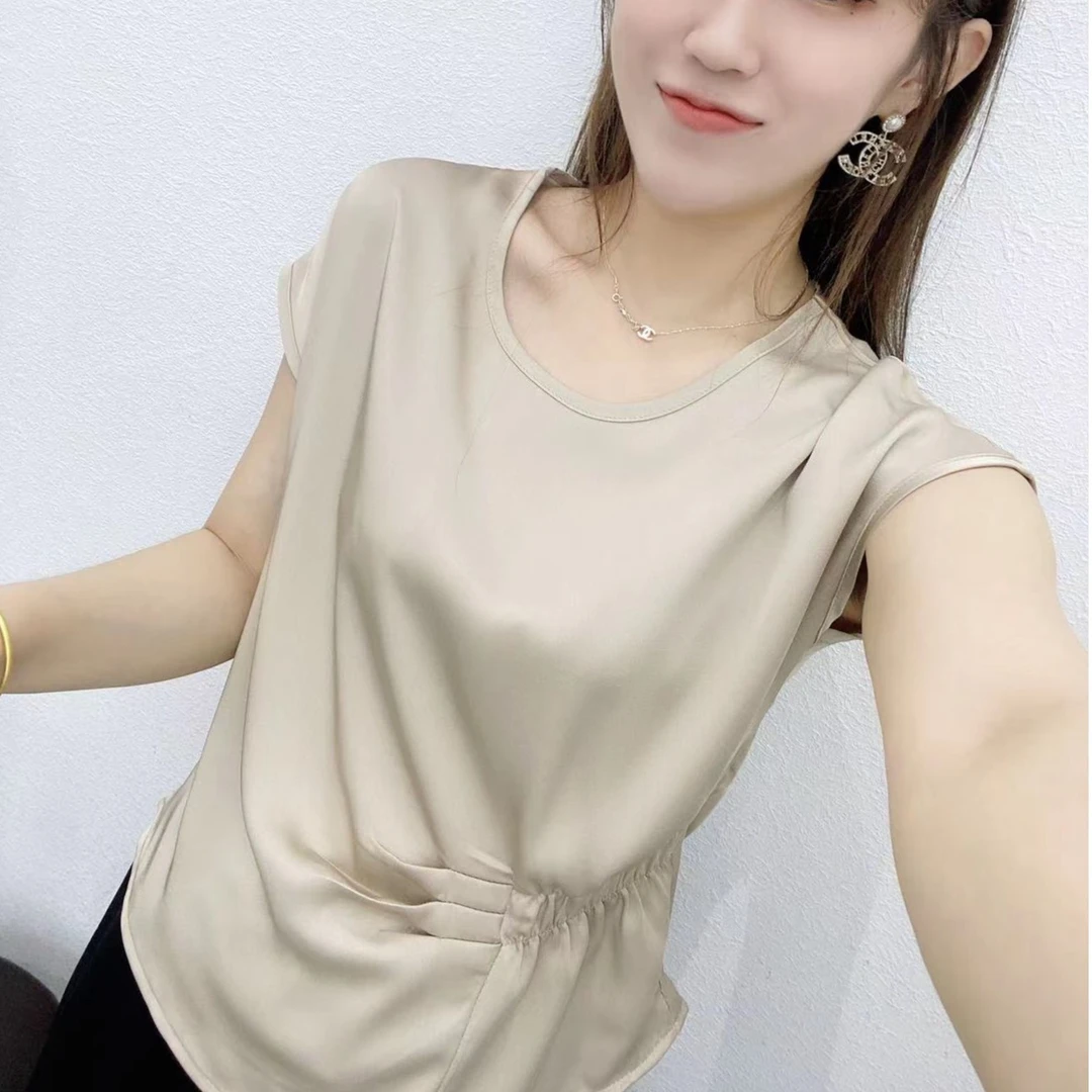 【会员价】时尚收腰设计短袖圆领纯色气质显瘦休闲百搭女士上衣8657