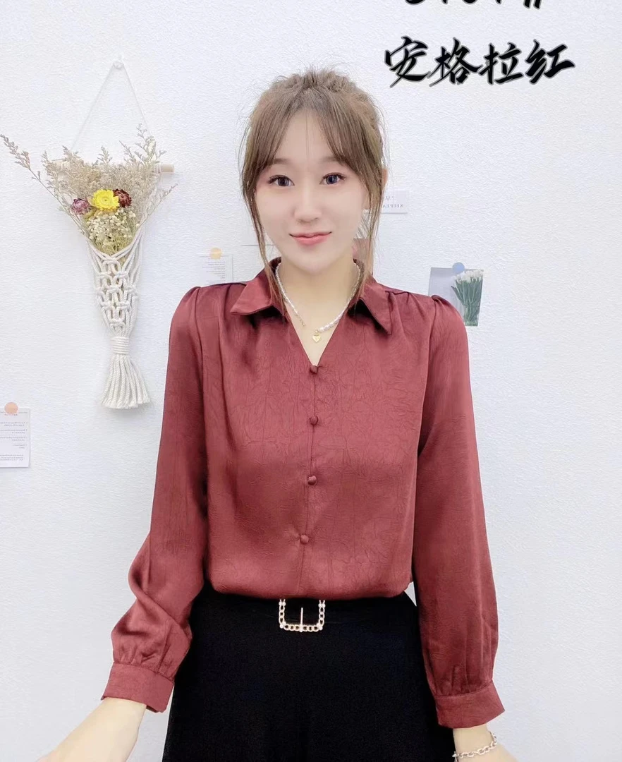V领显瘦包扣2025春新款纯色减龄气质时尚百搭网红长袖女衬衫1529#