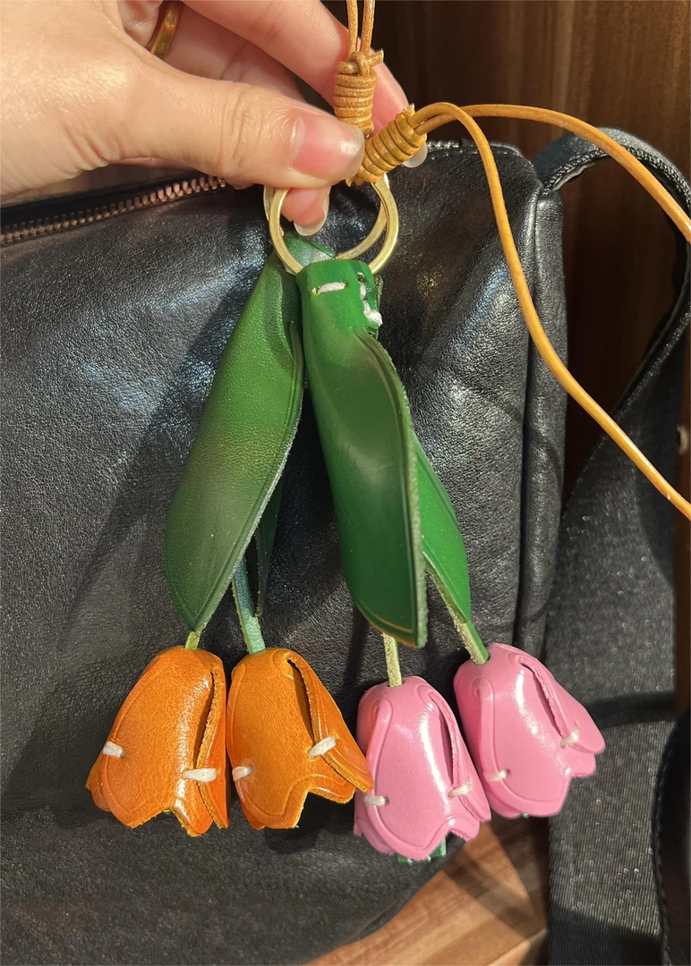手工头层牛皮包挂件钥匙挂车挂手机挂郁金香挂饰复古经典百搭