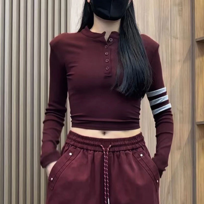 春秋季韩系拼色袖子设计T恤弹力紧身辣妹打底衫洋气长袖上衣女