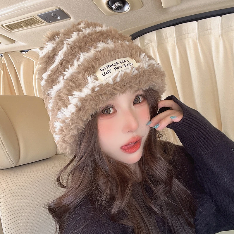 秋冬黑白条毛线帽女韩版显脸小保暖针织帽舒适柔软骑行套头帽子男