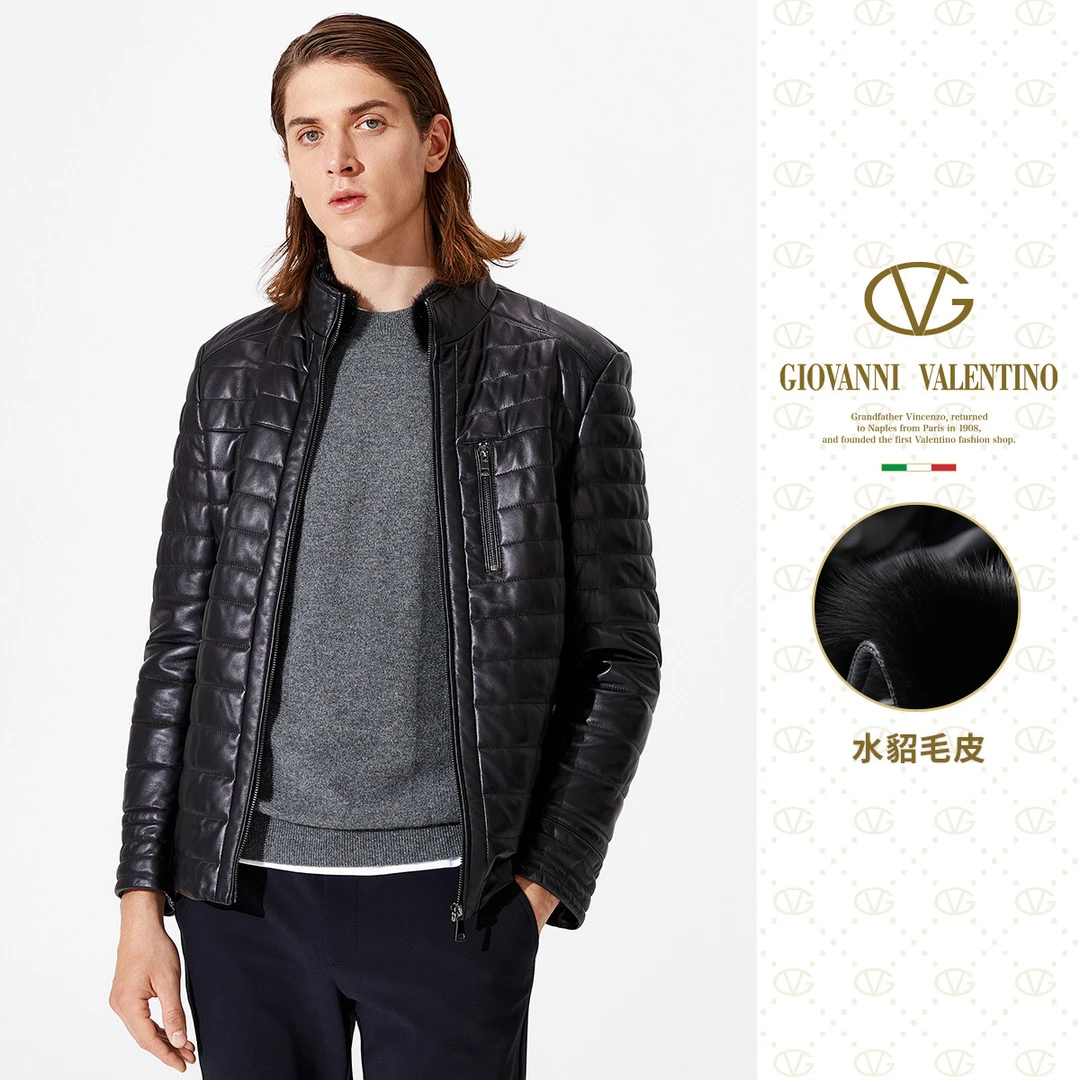 【水貂毛领夹棉加厚】秋冬防风保暖羊皮真皮立领外套真皮皮衣