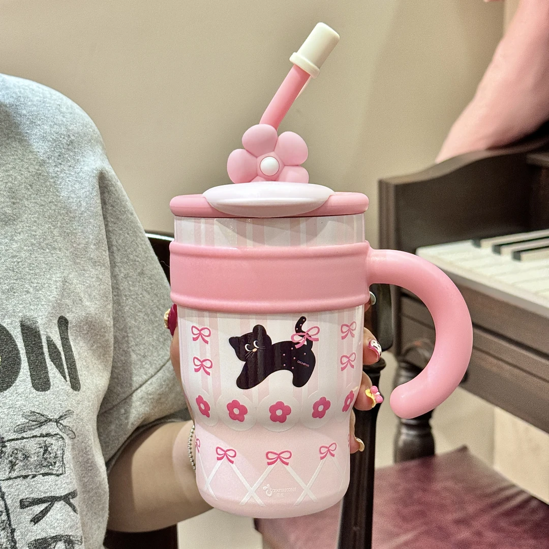 小猫保温杯高颜值吸管杯学生户外大容量水杯可爱防摔水杯车载便携