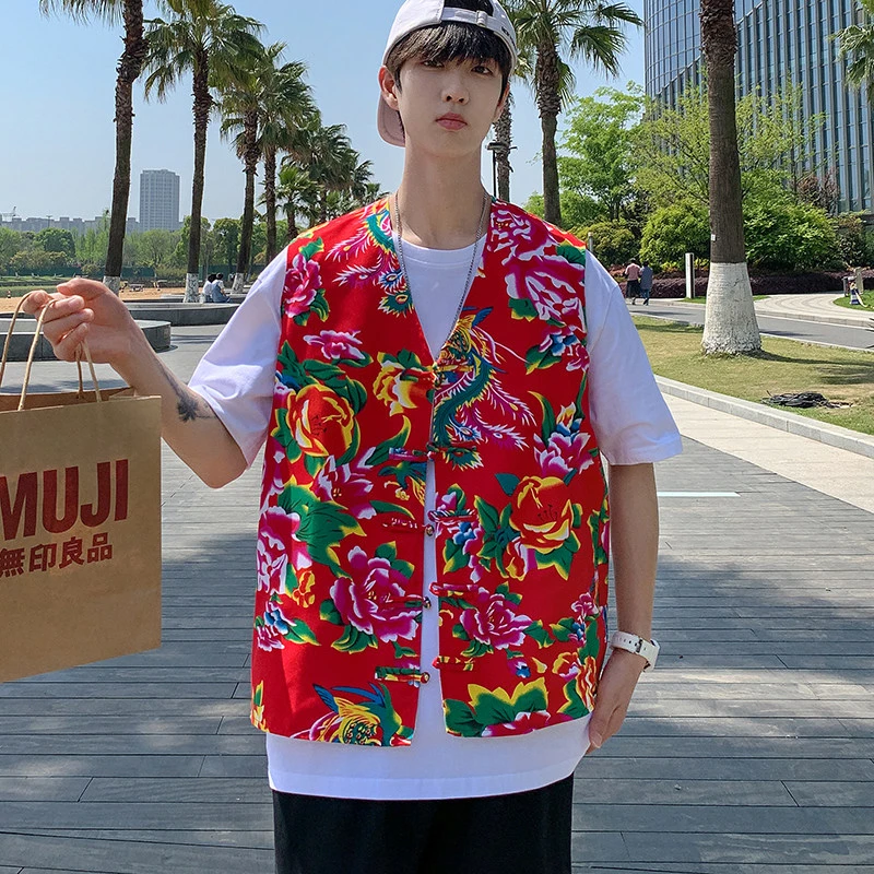 中国风东北大花布衣服男生夏季ins网红坎肩背心中式盘扣马甲外穿