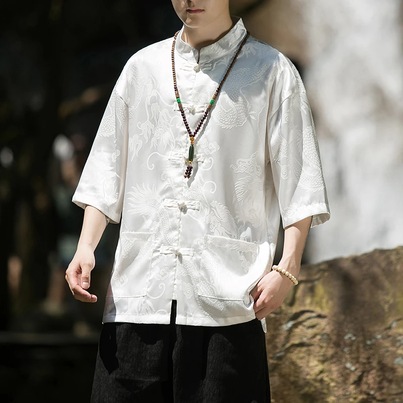 冰丝短袖衬衫男士夏季薄款中国风套装新中式男装汉服爸爸唐装衬衣