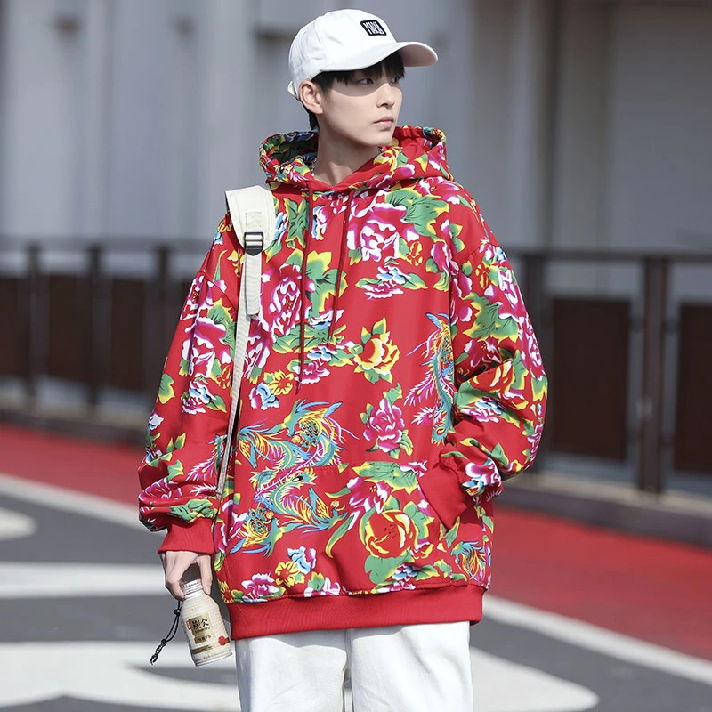 大红花连帽卫衣男秋季大码宽松情侣团队服民族中国风潮流衣服外套