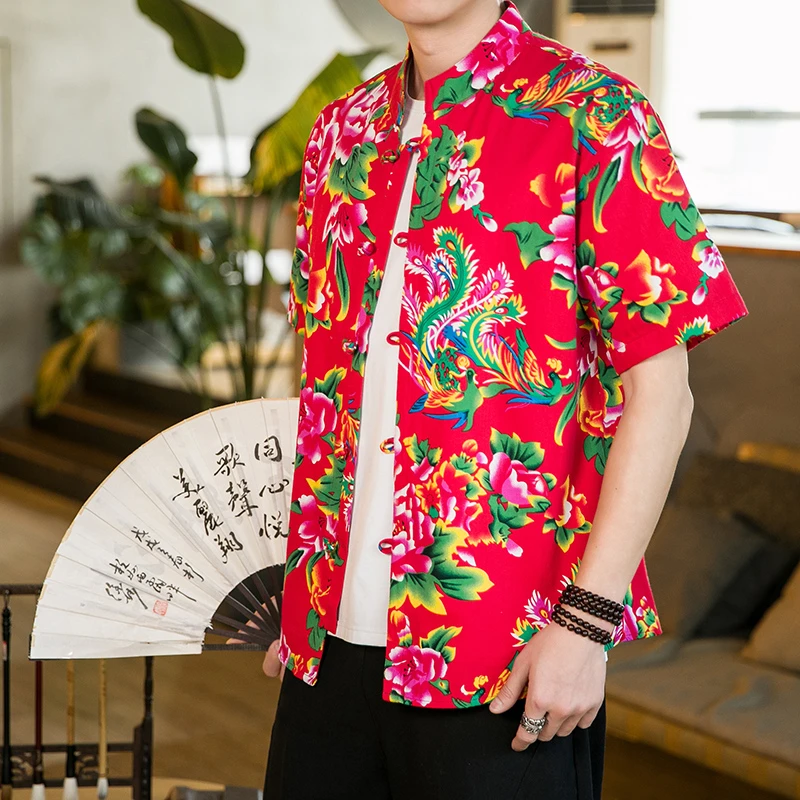 夏季中国风潮牌立领汉服衬衫男潮流短袖东北大花潮流半袖搭扣上衣