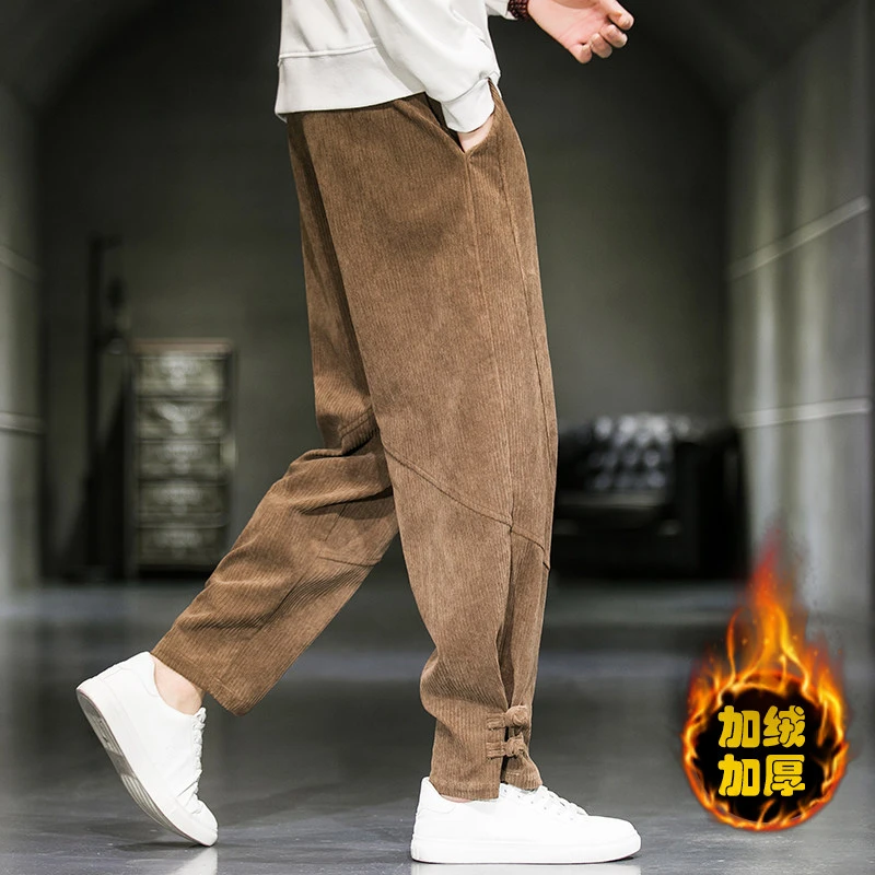 冬季新款中国风加绒加厚盘扣小脚休闲裤长裤中式复古直筒长裤男装