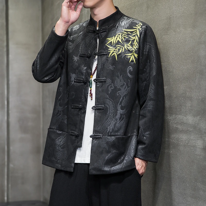 中国风男装唐装男盘扣中山装居士服复古新中式鹿皮绒刺绣夹克外套