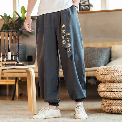 中国风男装宽松亚麻裤刺绣古风刺绣唐装汉服哈伦裤棉麻束脚灯笼裤