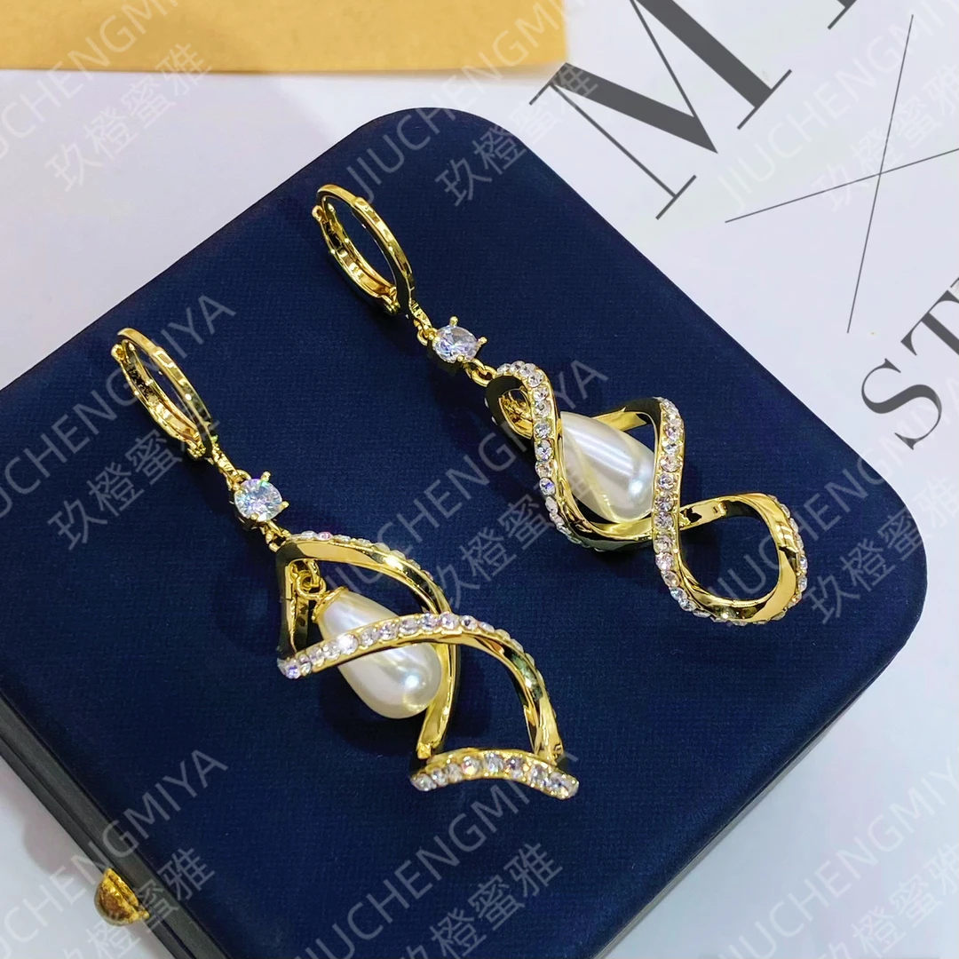 铜合金合成锆石耳饰 初荷KL939高级优雅气质螺旋耳环金色珠珠耳圈