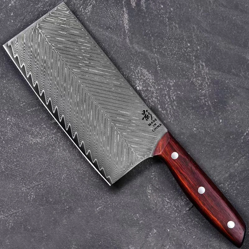 《影》酸枝木手柄大马士革鱼骨纹中式切片10cr15mov硬度60-62锋利3