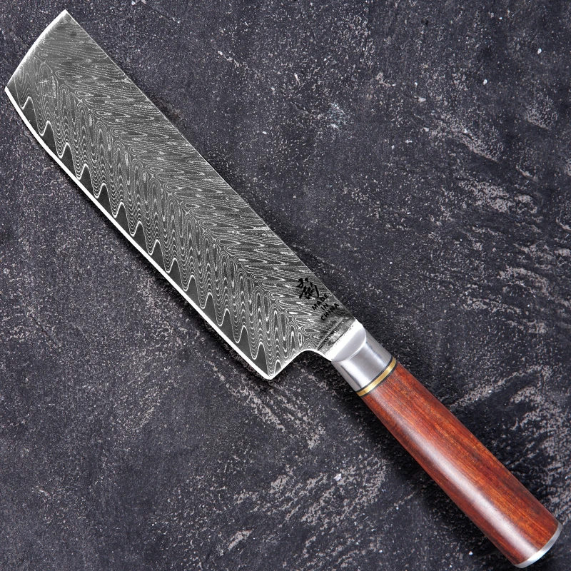 67层大马士革红檀木柄鱼骨纹10cr15mov钢平头小菜切刀1