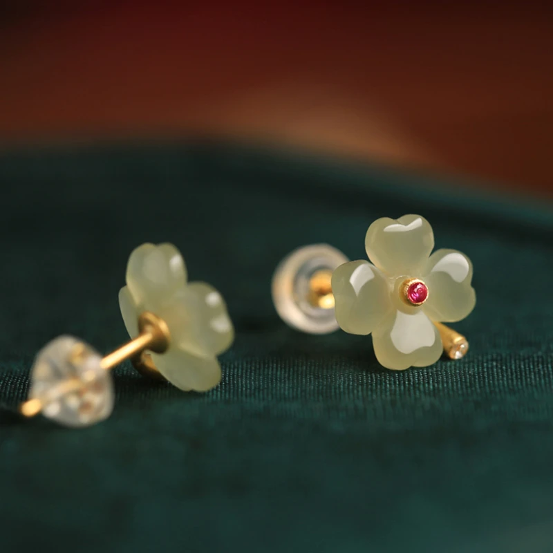 小银匠四叶草和田玉S925银耳钉女玉石高级感花朵耳饰和田玉耳饰