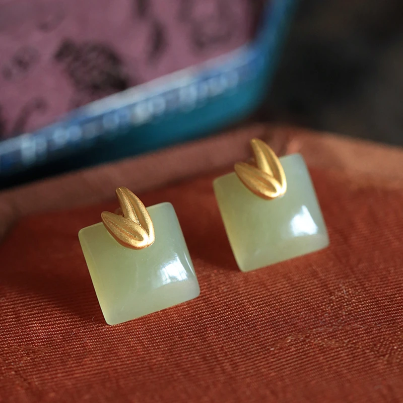 小银匠和田玉雅竹S925银耳环女中国风复古气质高级感耳钉古风耳饰