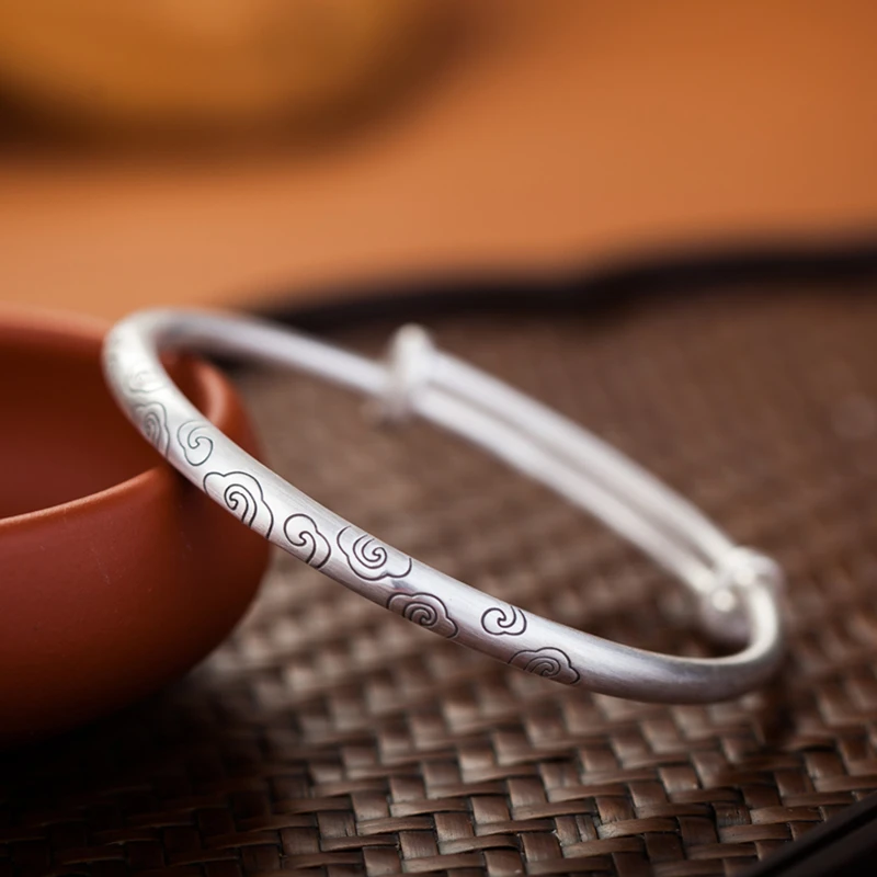 足银手镯 小银匠999纯银祥云手镯女足银原创复古法银调节实心镯子