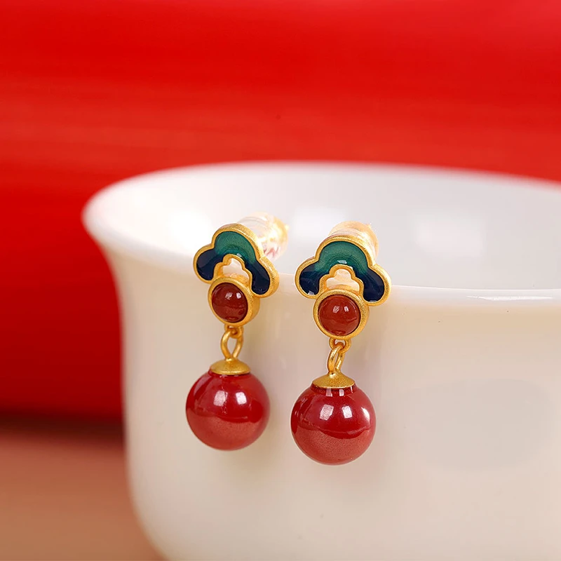 天然辰砂小银匠S925银耳环女中式烧蓝祥云朱砂耳钉古风景泰蓝耳饰