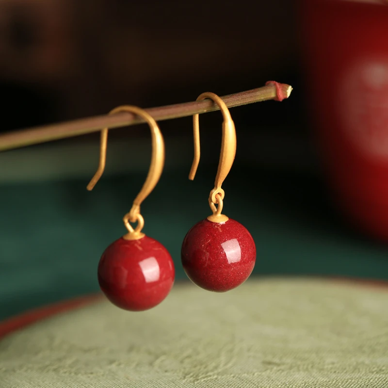 天然辰砂小银匠朱砂S925银耳环女红色耳坠本命年新年喜庆耳饰品