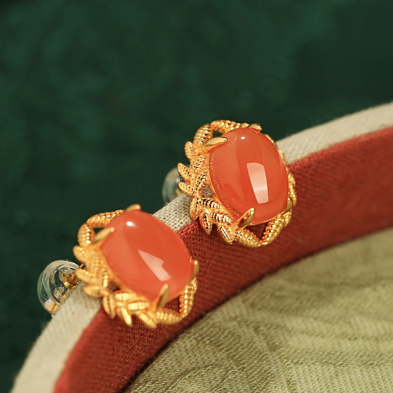 小银匠冰飘红玛瑙繁花耳钉S925银古风新中式国风气质女款耳饰礼物