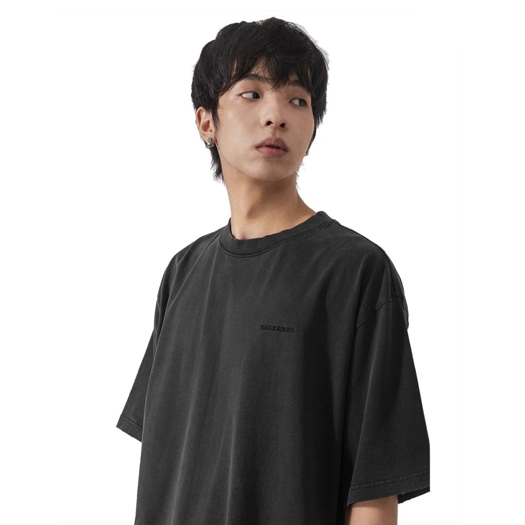 【直播】BSN1负一层(基础线)字母刺绣水洗做旧破洞短袖圆领T恤男