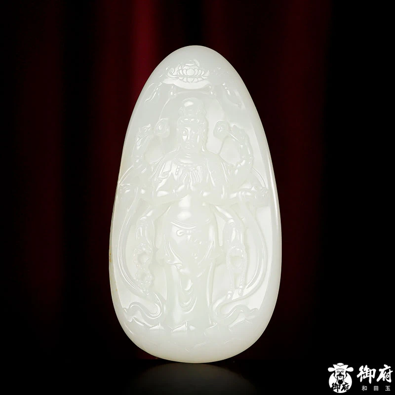 新疆和田玉洒金皮羊脂白玉籽玉 千手观音 52.5克精雕手工