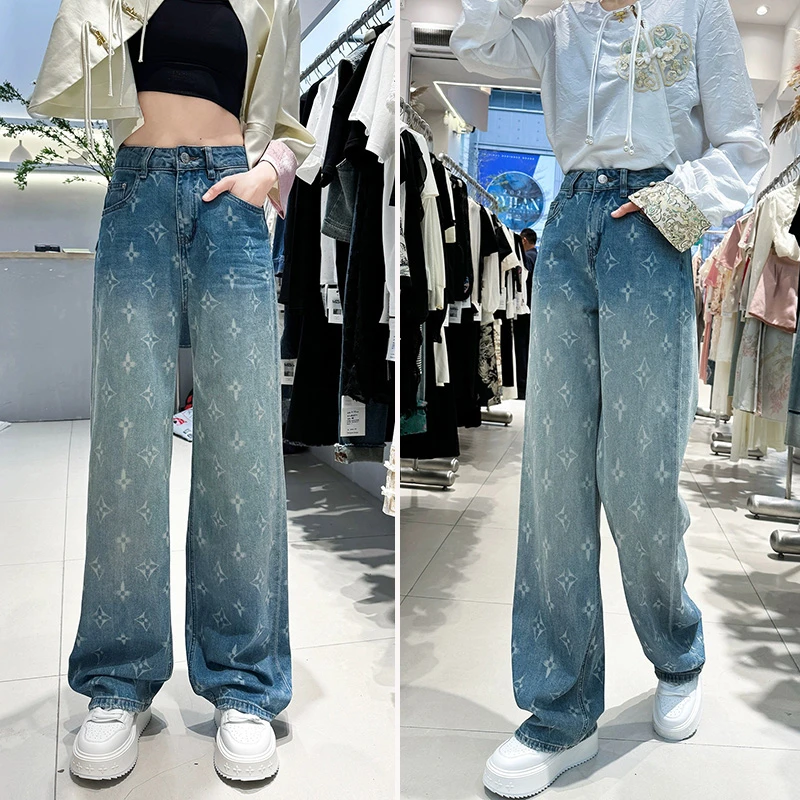 欧洲站国风春水洗直筒牛仔裤女设计感印花宽松显瘦阔腿拖地裤女孩