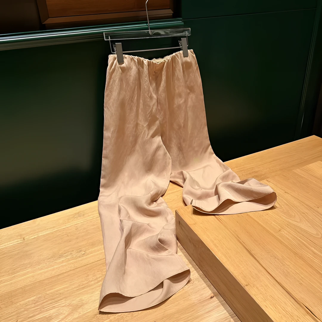 H.Chen-法JIN口 斜纹肌理麻感 腰部松紧天RAN亚麻混纺宽松阔腿裤