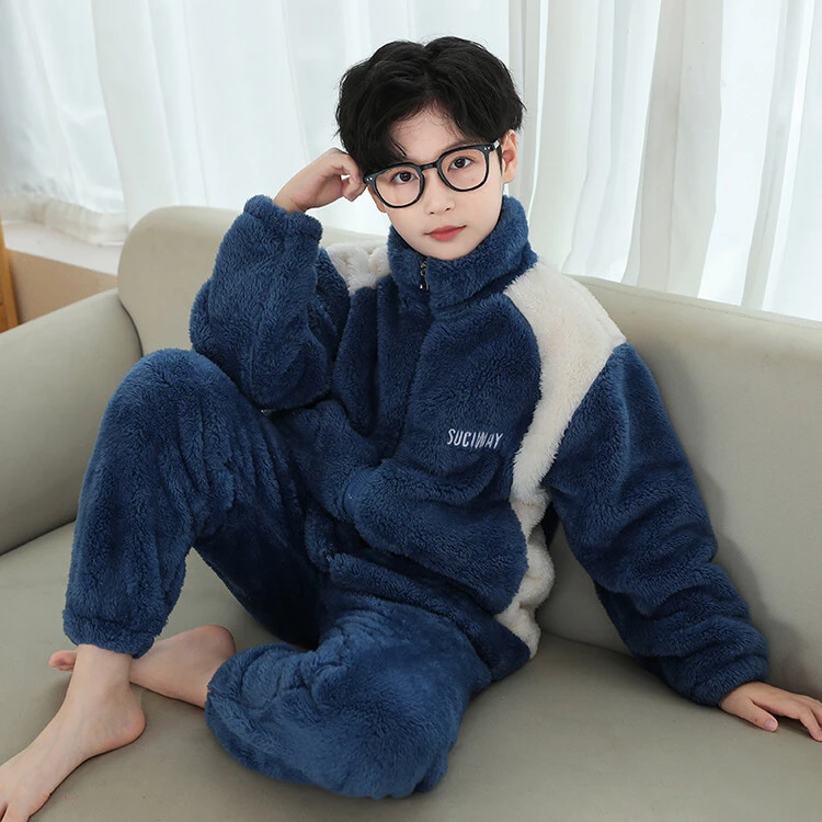 儿童睡衣儿童法兰绒家居服套装秋冬加厚外穿男孩珊瑚绒冬装保暖衣