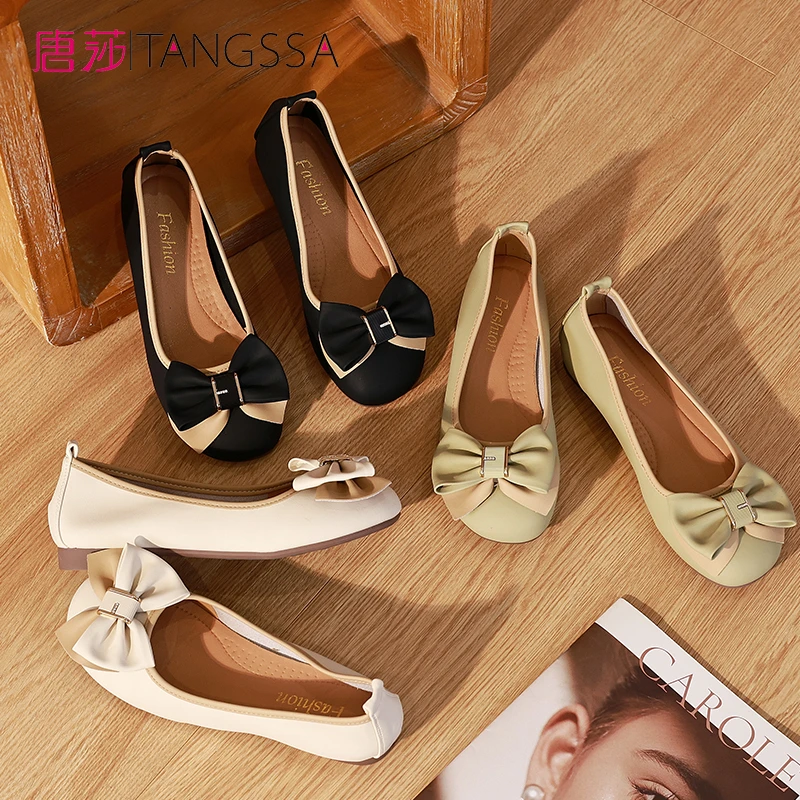 【唐莎女鞋】真皮女鞋单鞋软底软面平底蝴蝶花-6003 平底春秋百搭